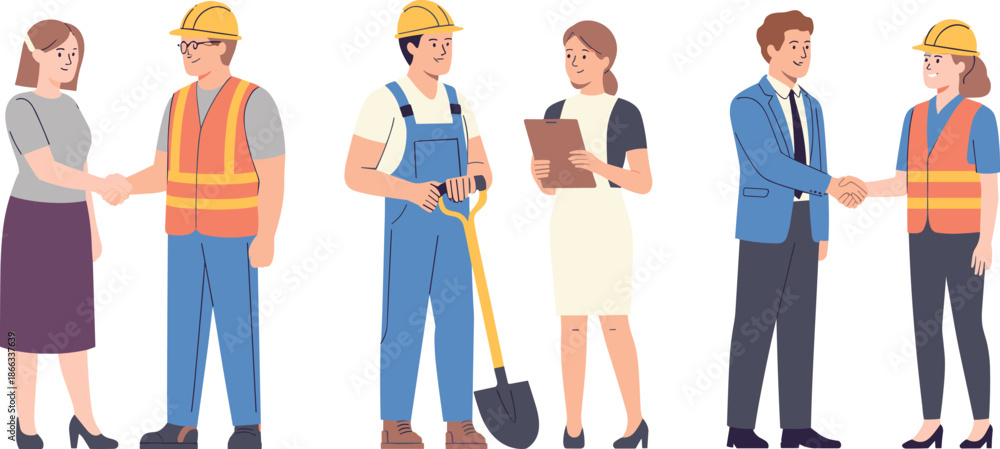 Obraz premium Construction handshake, business professionals, teamwork, project planning, safety gear, engineering collaboration, clipboard, shovel, cartoon style, agreement scene