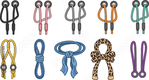 Colorful cord loop with eyelets vector illustration, decorative lace fasteners collection, fashion garment accessories, isolated design set