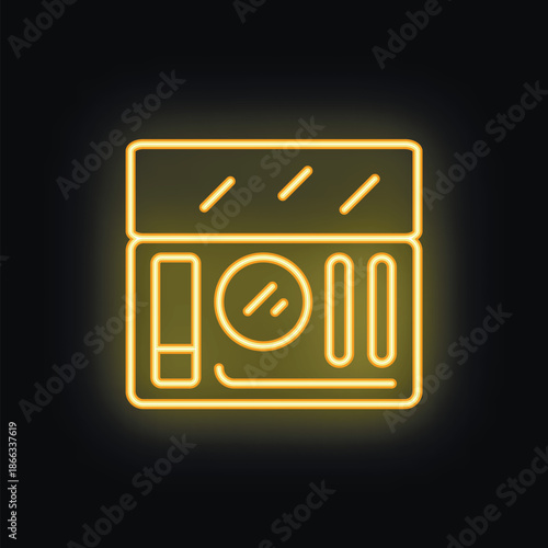 Neon sign representing makeup palette with eyeshadows and blush on black background