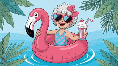 Cartoon senior woman floating on pink flamingo inflatable holding milkshake in swimming pool summer fun vacation lifestyle illustration for advertising marketing content creation travel blog post desi