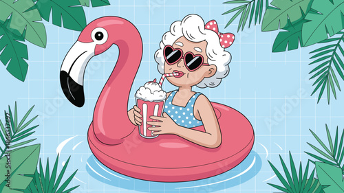 Cartoon senior woman character floats on pink flamingo pool floatie drinking milkshake in summer vacation swimming pool with tropical palm tree leaves fun holiday lifestyle concept for advertising and