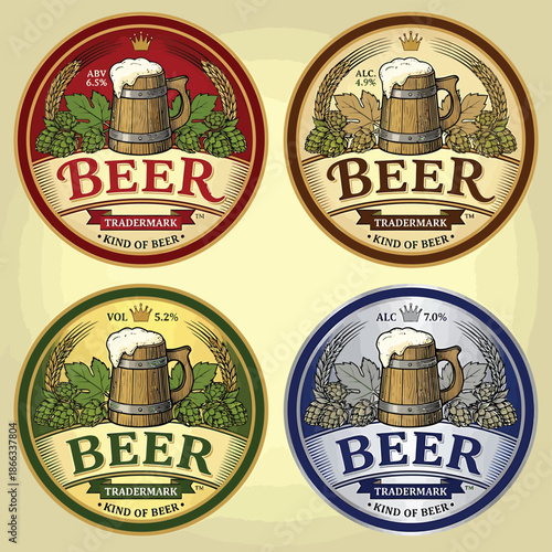 Four vintage beer labels with mugs hops and wheat details