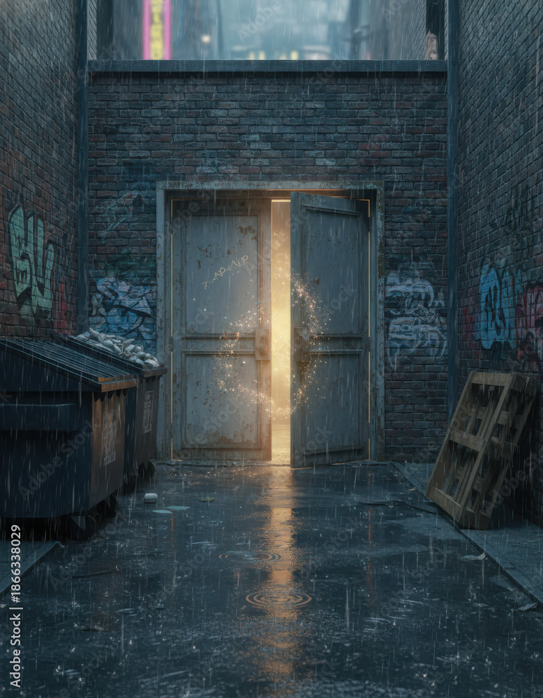 Fototapeta premium A Rainy Alleyway Scene with Open Doors and Urban Textures Depicting a Mysterious Light Source