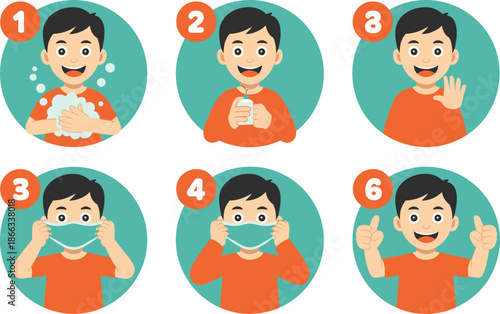 Cartoon child demonstrating handwashing steps and wearing a mask for healthcare and hygiene during virus outbreak prevention guidance with educational infographic for schools and public health campaig