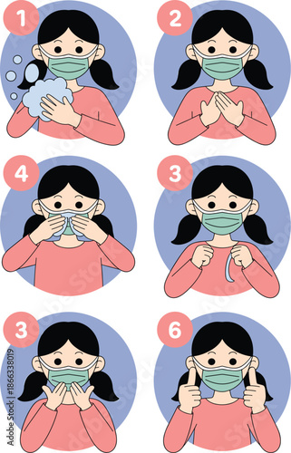 Cartoon girl character demonstrates proper face mask wearing steps for virus protection and hygiene showing hand washing tips in educational infographic illustration for health awareness presentations