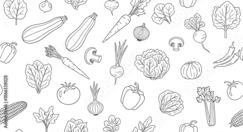 Detailed black and white line art seamless pattern showcases a variety of fresh garden vegetables including carrots and squash.