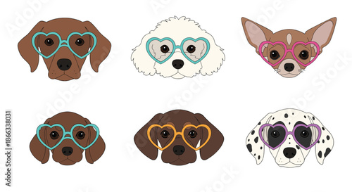 Adorable dog faces set features several different breeds wearing colorful heart shaped sunglasses in a fun and stylish design.