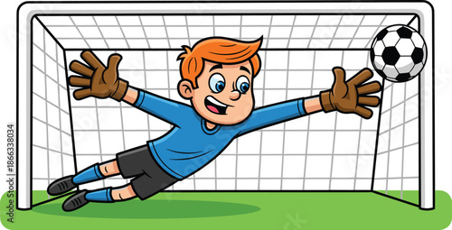 Soccer goalkeeper, diving save, cartoon action, goal defense, sports illustration, dynamic pose, blue jersey, intense moment, kids football, athletic scene