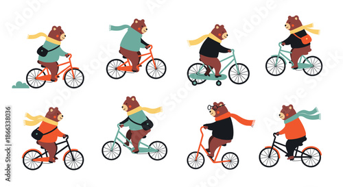 Delightful collection of bear characters wearing cozy scarves while riding various styles of retro and modern bicycles.