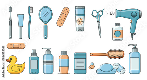 Complete set of personal care and bathroom icons includes a toothbrush mirror soap hair dryer and other daily hygiene products.