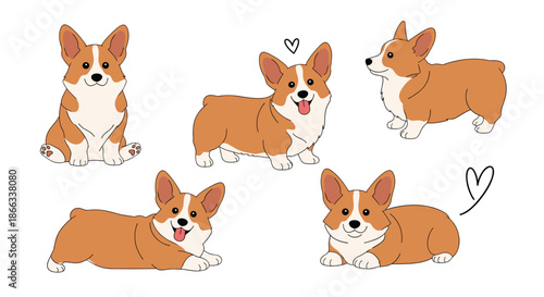 Adorable corgi character set includes the dog in various cute positions such as sitting lying down and standing with tiny hearts.