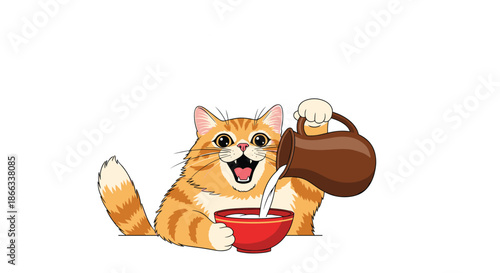 Funny illustration shows a cheerful ginger tabby cat pouring fresh milk from a ceramic jug into a bright red bowl.