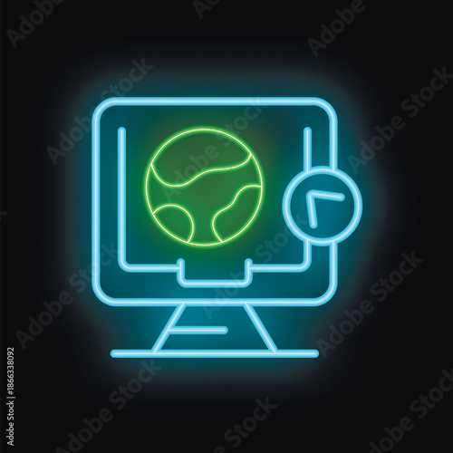 Neon sign depicting a computer screen with a planet earth and a clock, representing global time zones and international communication