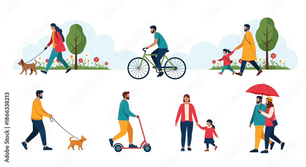 Fototapeta premium Illustration of diverse people in a park engaged in activities like walking dogs, riding a bike, and strolling with children.