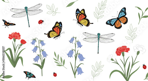 Seamless pattern with spring flowers like bluebells and carnations accompanied by butterflies, dragonflies, and ladybugs.