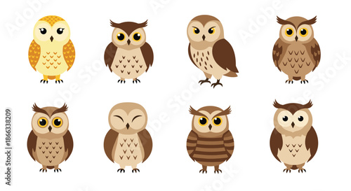 Set of various cute cartoon owls in different shades of brown and yellow with unique patterns and facial expressions.