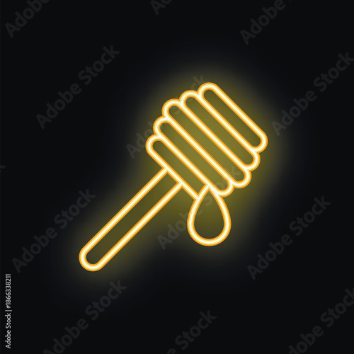 Yellow neon sign of a honey dipper dripping honey against a black background