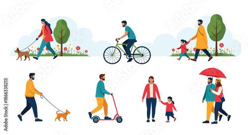 Illustration of diverse people in a park engaged in activities like walking dogs, riding a bike, and strolling with children.