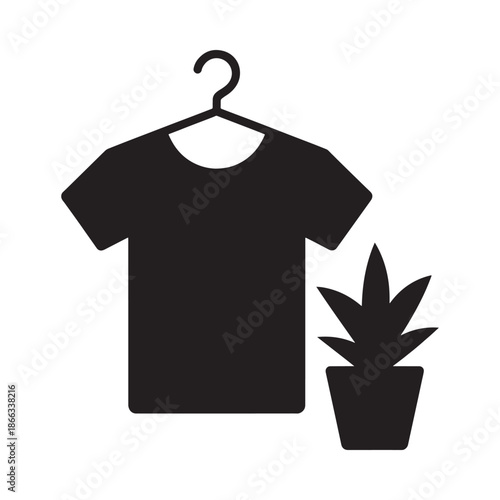 A simple black and white illustration of a t shirt hanger and potted plant