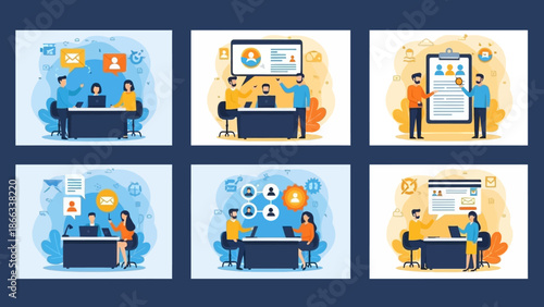 Teamwork digital collaboration, remote work, job interview, hiring process infographic vector illustrations