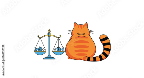Rear view of a large orange tabby cat sitting next to a set of scales with two small blue fish in each pan on white.