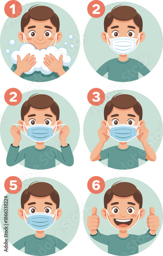 Cartoon boy demonstrating how to wear a face mask properly showing steps for protection from viruses and germs in educational infographic style for children healthcare awareness presentation disease p