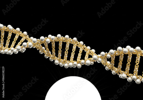Double helix DNA strand made of gold chains and white pearls concept.
