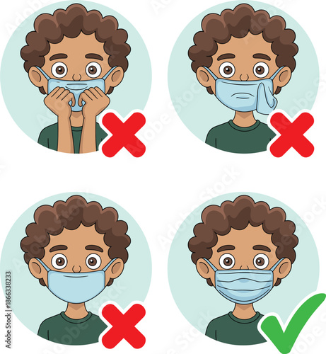 Cartoon boy demonstrating correct and incorrect face mask usage for virus protection and health safety guidelines in educational infographic for schools and public health awareness campaign during pan