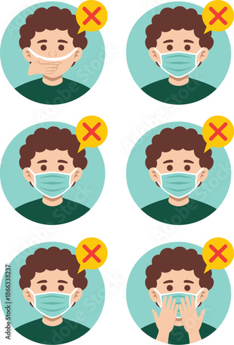 Cartoon man showing incorrect ways to wear medical face mask for coronavirus covid19 protection guidance and safety tips illustration for healthcare education and public health awareness campaign duri