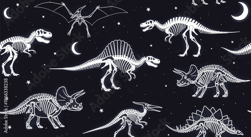 Seamless pattern of glowing white dinosaur skeletons set against a dark starry night sky with crescent moons and stars.