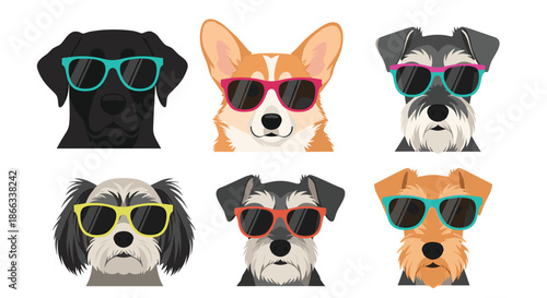 Set of different dog breeds wearing colorful sunglasses including labrador, corgi, schnauzer, and terrier in flat style.