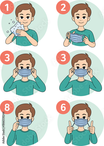 Step by step cartoon man wearing protective face mask for covid prevention instruction infographic illustration for healthcare medical educational content personal hygiene guidance disease control and