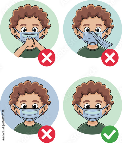Cartoon boy demonstrating proper face mask wearing for virus protection and safety showing correct and incorrect methods in infographic style for health education and pandemic awareness in schools and