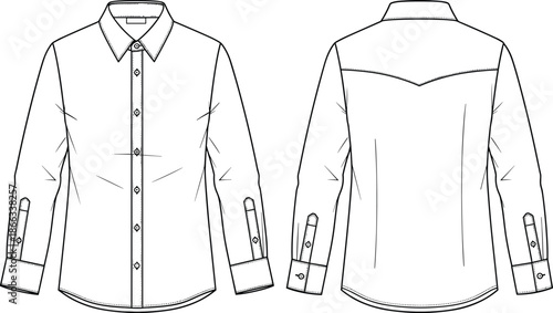 Men long sleeve shirt technical flat sketch, classic button up menswear apparel illustration, formal casual style, front and back view
