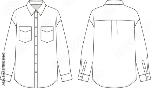 Men long sleeve shirt technical flat sketch, double chest pocket button up design, classic menswear apparel, front and back view