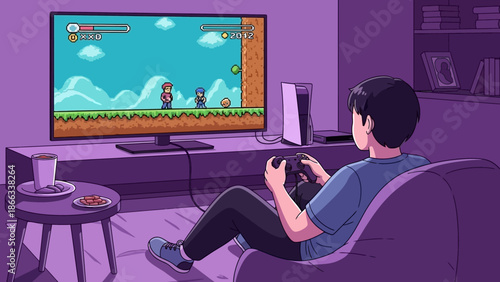 Young Man Playing Retro Video Game on Large TV Screen
