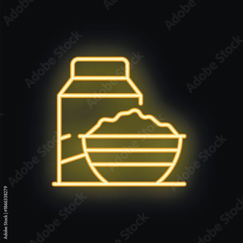 Yellow neon sign of milk or juice carton pouring into bowl, on black background