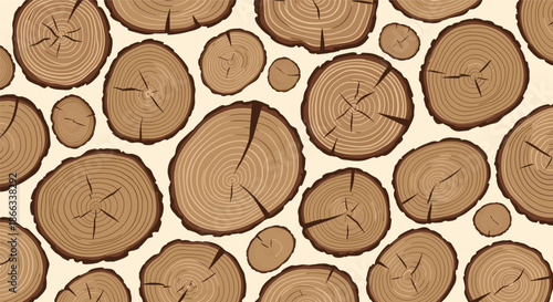 Top down view of a background texture made of numerous wooden log slices with visible annual growth rings on cream.