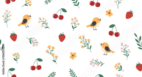 Charming seamless pattern featuring yellow birds, red strawberries, cherries, and small flowers on a white background.