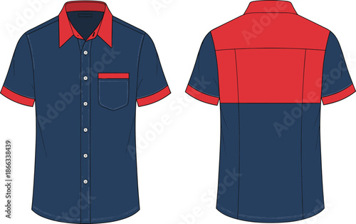 Men short sleeve shirt technical fashion illustration, front and back view, color block design, button down casual apparel