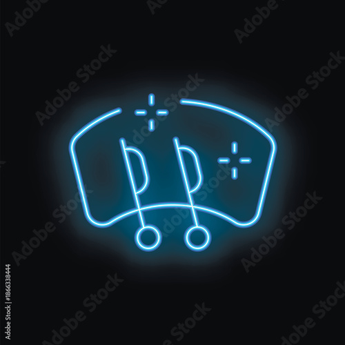 Bright blue neon icon of a car windshield wiper glowing against a black background