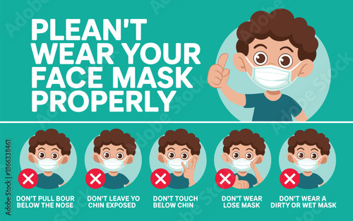 Cartoon boy demonstrating correct face mask wearing and hygiene practices for health safety in educational setting showing how to properly wear a mask medical illustration for kids healthcare awarenes