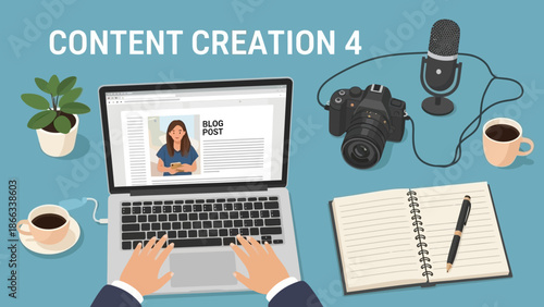 Content Creation Setup: Laptop, Camera, Microphone, Coffee for Blogging and Podcasting