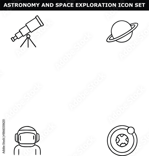 A set of astronomy and space exploration icons featuring a telescope, planet, astronaut, and moon.