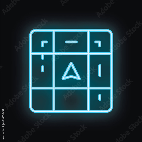 Neon glowing symbol of gps navigation system with arrows showing direction on black background