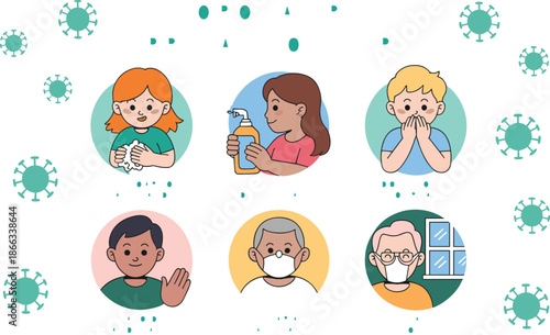 Essential coronavirus precautions tips infographic illustration promoting safety and hygiene wash hands use disinfectants avoid touching face wear mask stay home handwashing healthcare medical concept
