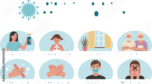 Coronavirus Covid-19 prevention tips with disinfectant use soap hand washing staying home avoid handshaking wearing face mask and not touching face for health safety and hygiene awareness in medical h