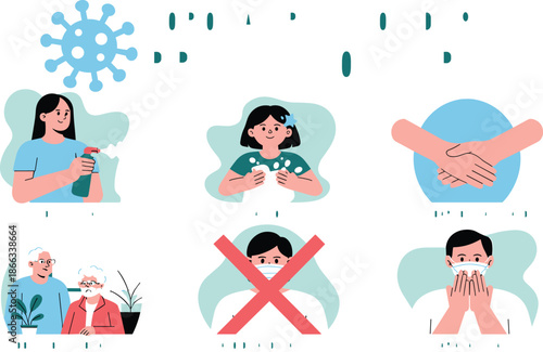 Coronavirus Covid-19 Prevention Tips Infographic Guide for Healthcare Awareness Campaign with Icons and Illustrations Recommending Disinfectants Hand Washing Social Distancing Wearing Masks Staying Ho