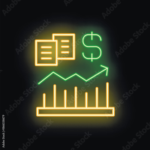 Neon style icon of business growth concept with increasing chart, dollar and documents