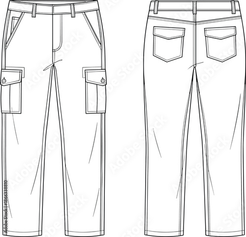 Men’s cargo trousers illustration, front and back view, utility pocket pants design, workwear fashion apparel technical flat drawing
